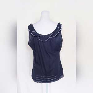 Tommy Hilfiger Size Medium Scallop Trim Ruffle Collar Sleeveless Top Blue White